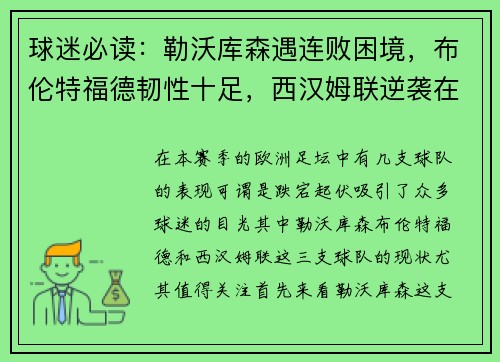 球迷必读：勒沃库森遇连败困境，布伦特福德韧性十足，西汉姆联逆袭在即？