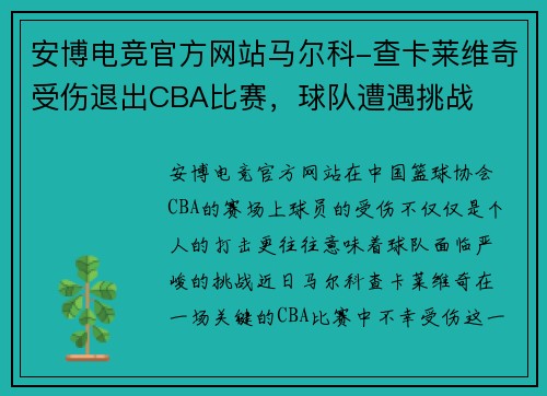 安博电竞官方网站马尔科-查卡莱维奇受伤退出CBA比赛，球队遭遇挑战