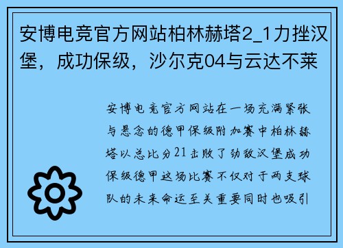 安博电竞官方网站柏林赫塔2_1力挫汉堡，成功保级，沙尔克04与云达不莱梅重返德甲